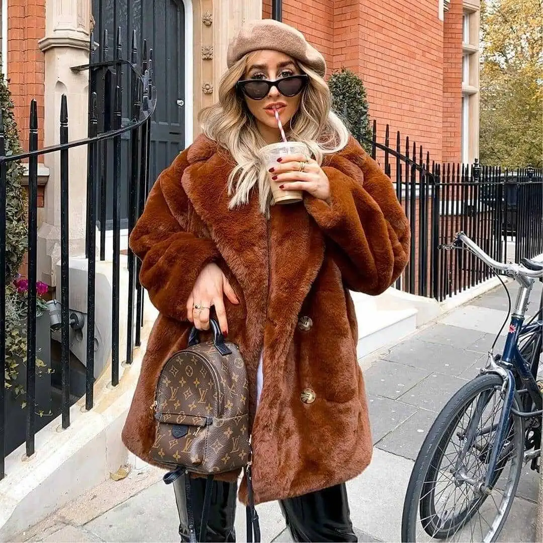 معطف نسائي متوسط الطول من الفرو الصناعي، معطف شتوي من القطيفة بمقاس كبير، سترة منفوشة بطية صدر السترة، ملابس خارجية برتقالية للسيدات، بلوزة غامضة #6