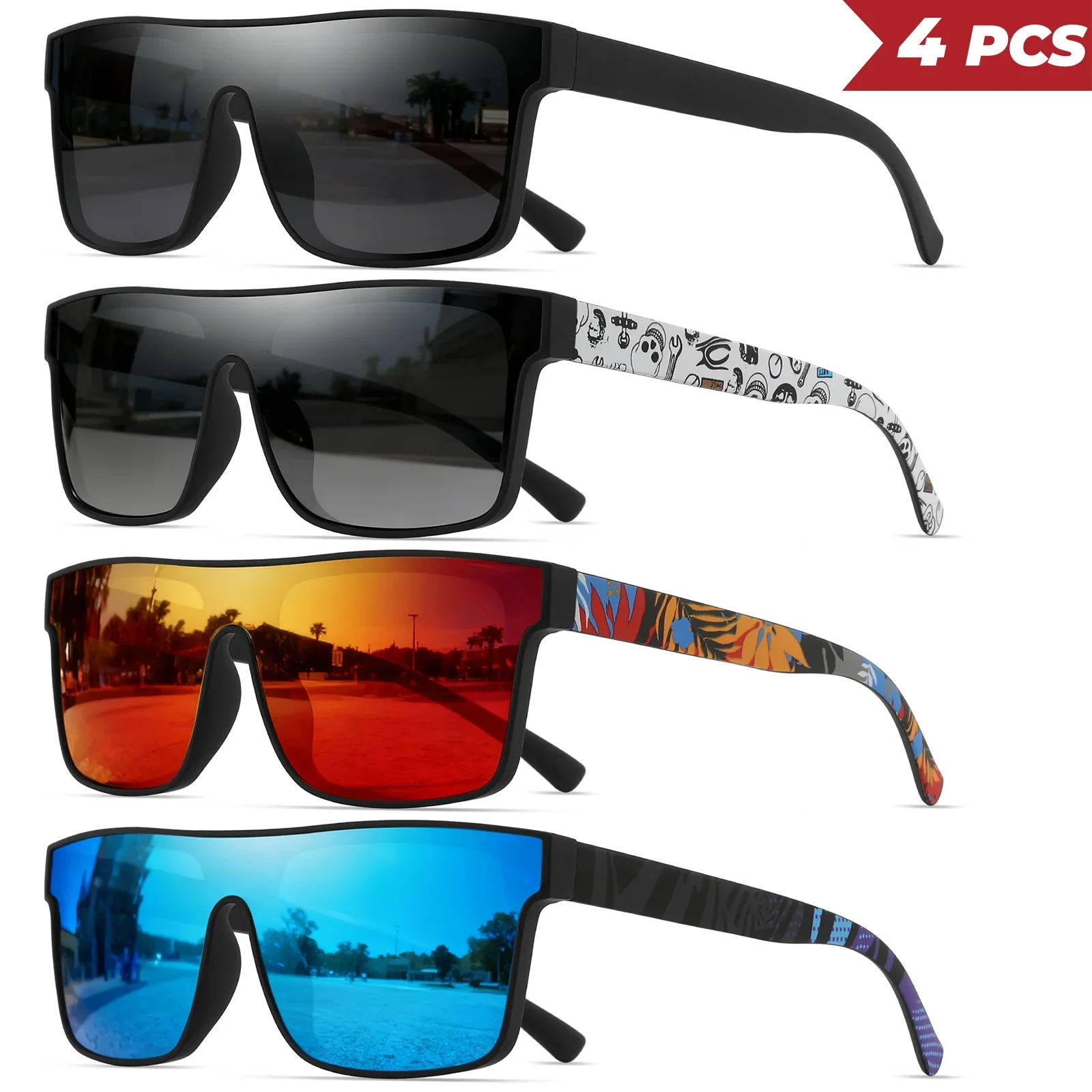 4Pcs/Set New Fashion UV400 Protection Square Sunglasses Outdoor Glasses for Fishing Cycling Hiking Running Beach Vacation 842
