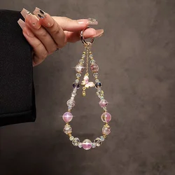 Retro Luxury Butterfly Beaded Bead Mobile Phone Lanyard Wrist Strap Lady Hand-held Chain Short Anti-lost Cell Phone Key Pendant