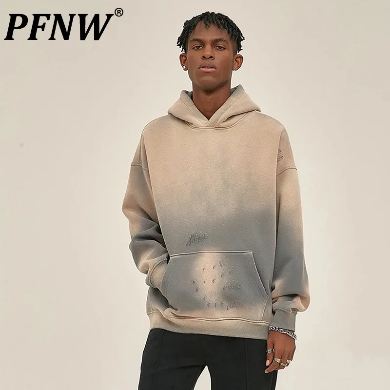 PFNW Men's Wash Hooded Sweatshirt New Long Sleeve Worn-out Pocket Casual Spring 2025 New Chic Distressed Pullover Top 28W3945