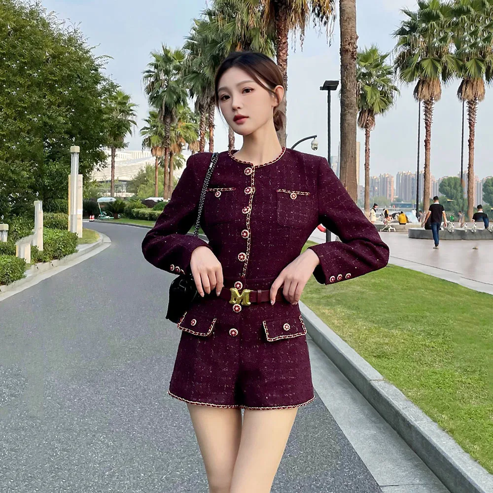 Elegant Luxury Tweed Bodysuits Ladies Korean Style Fashion Mini Jumpsuits 2025 Autumn New Arrival One Pieces Overalls for Women