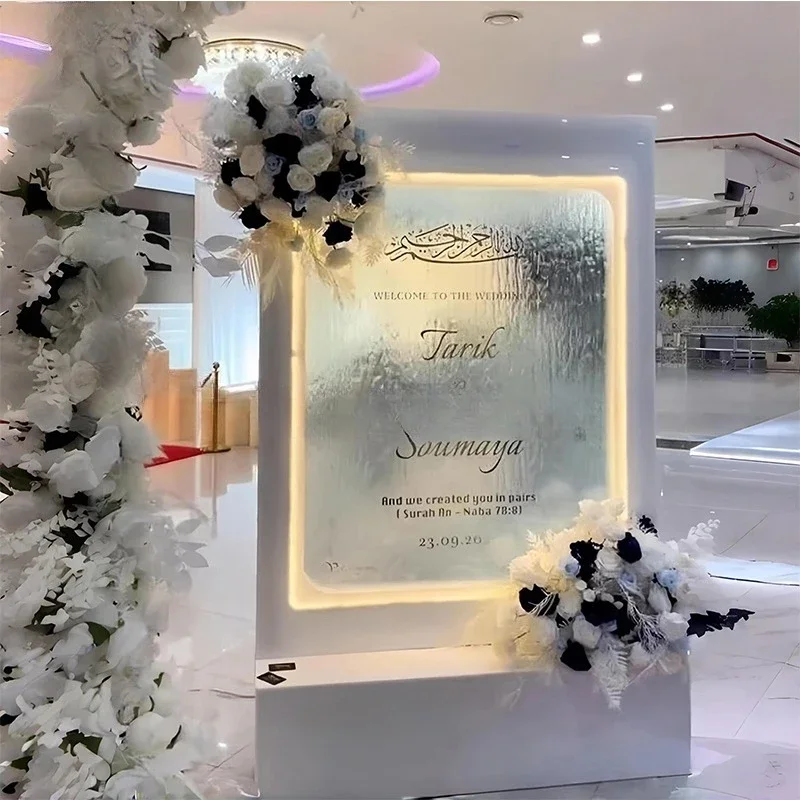 Smooth Custom Transparent Glass Waterfall Wedding Welcome Sign Light Emitting Diode Light Waterfall Flowing Water