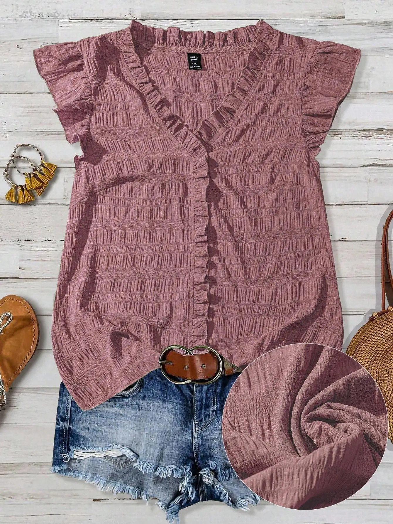 

Women Solid Textured V-Neck Ruffle Trim Short Flare Sleeve Casual Shirt