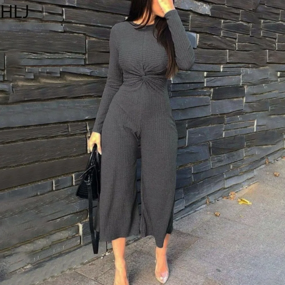 

HLJ Gray Casual Solid Color Ribber Wide Leg Pants Jumpsuits Women Round Neck Long Sleeve Stacked Playsuits Female Slim Overalls