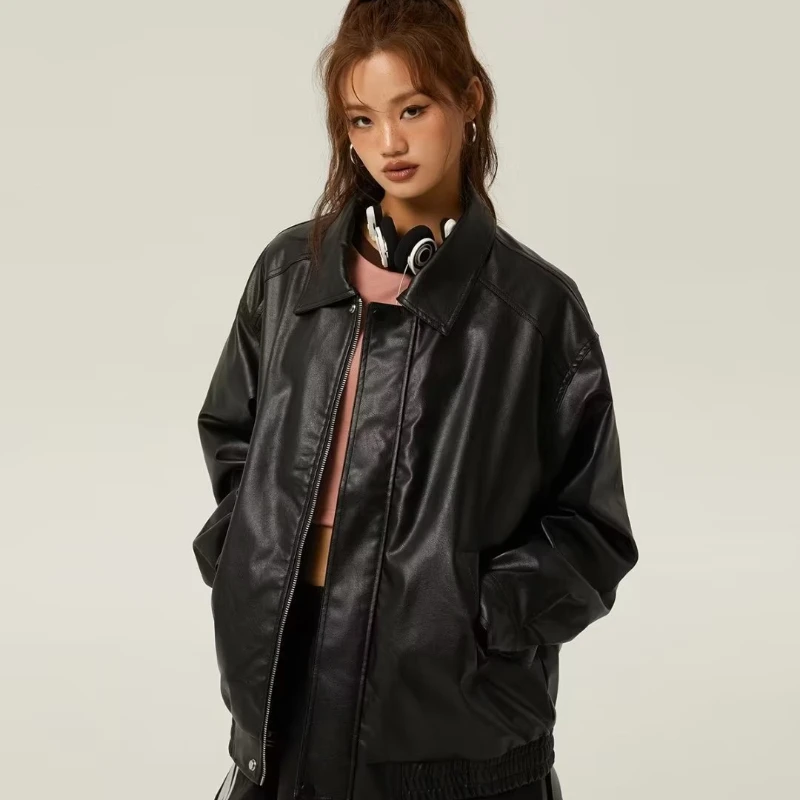 Jacket Women Pu-leather American Retro Loose Chic Long Sleeves All-match High Street Harajuku Autumn Simple Schoolgirls Fashion