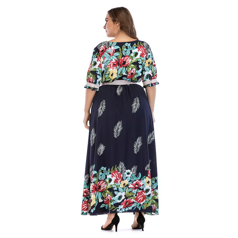 Mode Jurk Voor Vrouwen Elastische Taille Groot Formaat Moslim Casual Dubai Abayas Arabia Halve Mouw Bedrukte Kaftan Musulman Lange Gewaad