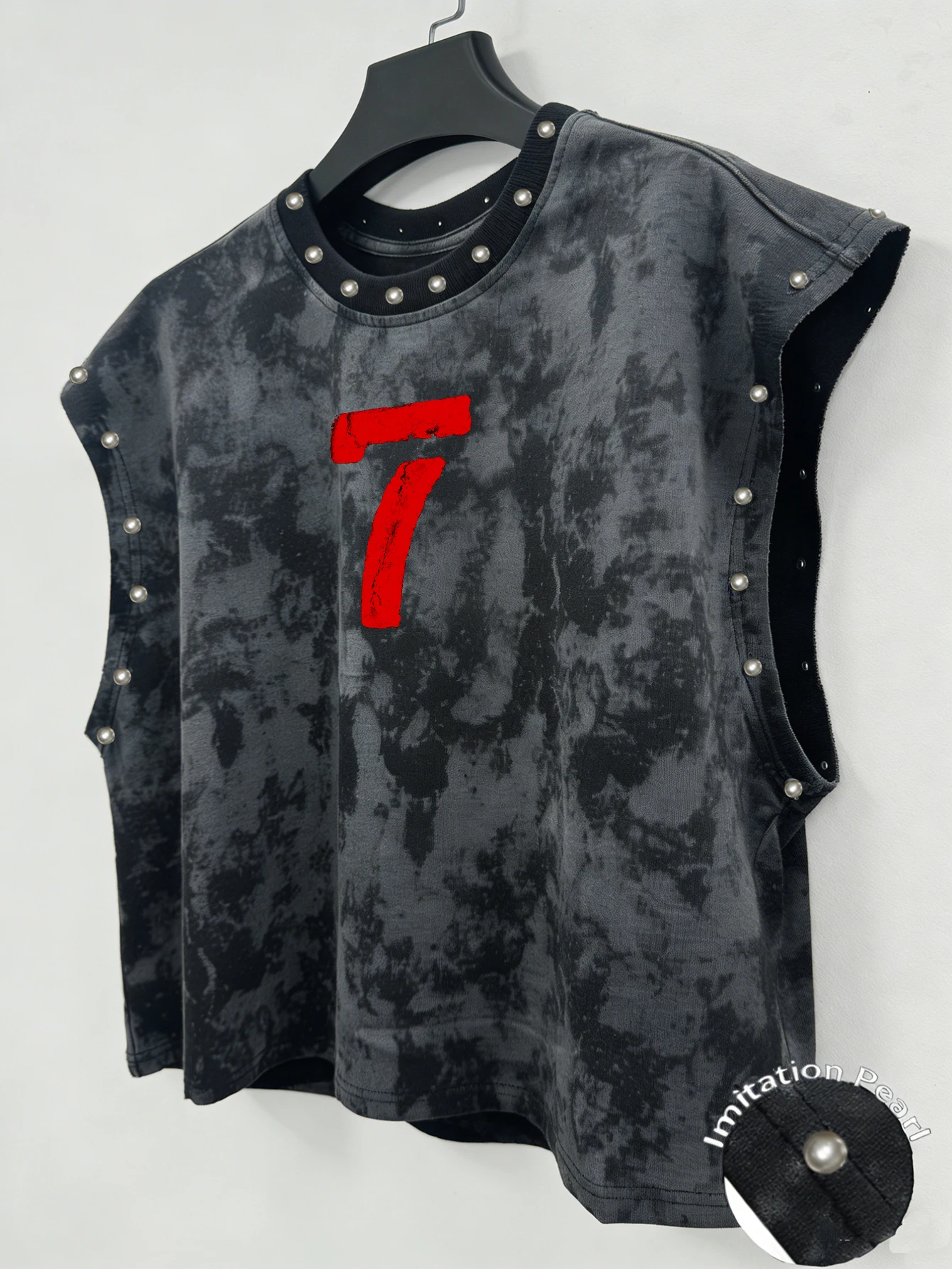 Men's Cropped Red Vest Featuring '7' and Letter Graphics, Accented with Large Snowflake-Shaped Beads.
