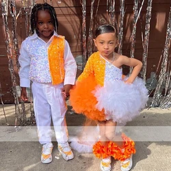 Vestido de baile brillante con lentejuelas para niñas pequeñas, vestido de fiesta de cumpleaños con volantes de un hombro, tren desmontable