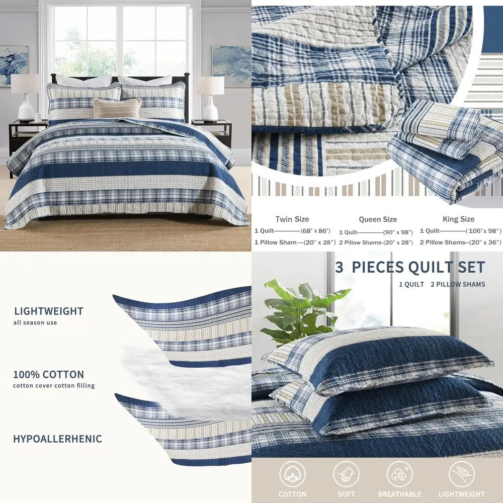 

Blue and White Striped 100% Cotton Plaid Queen Comforter Set, Queen Size Bedding Collection