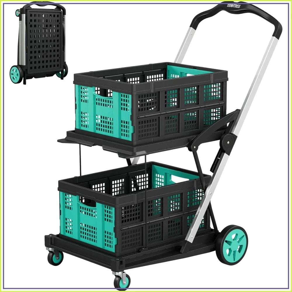 

8-in-1 Collapsible Shopping Cart, 350 lbs Capacity Foldable Grocery Cart with 2 Storage Crates, Blue