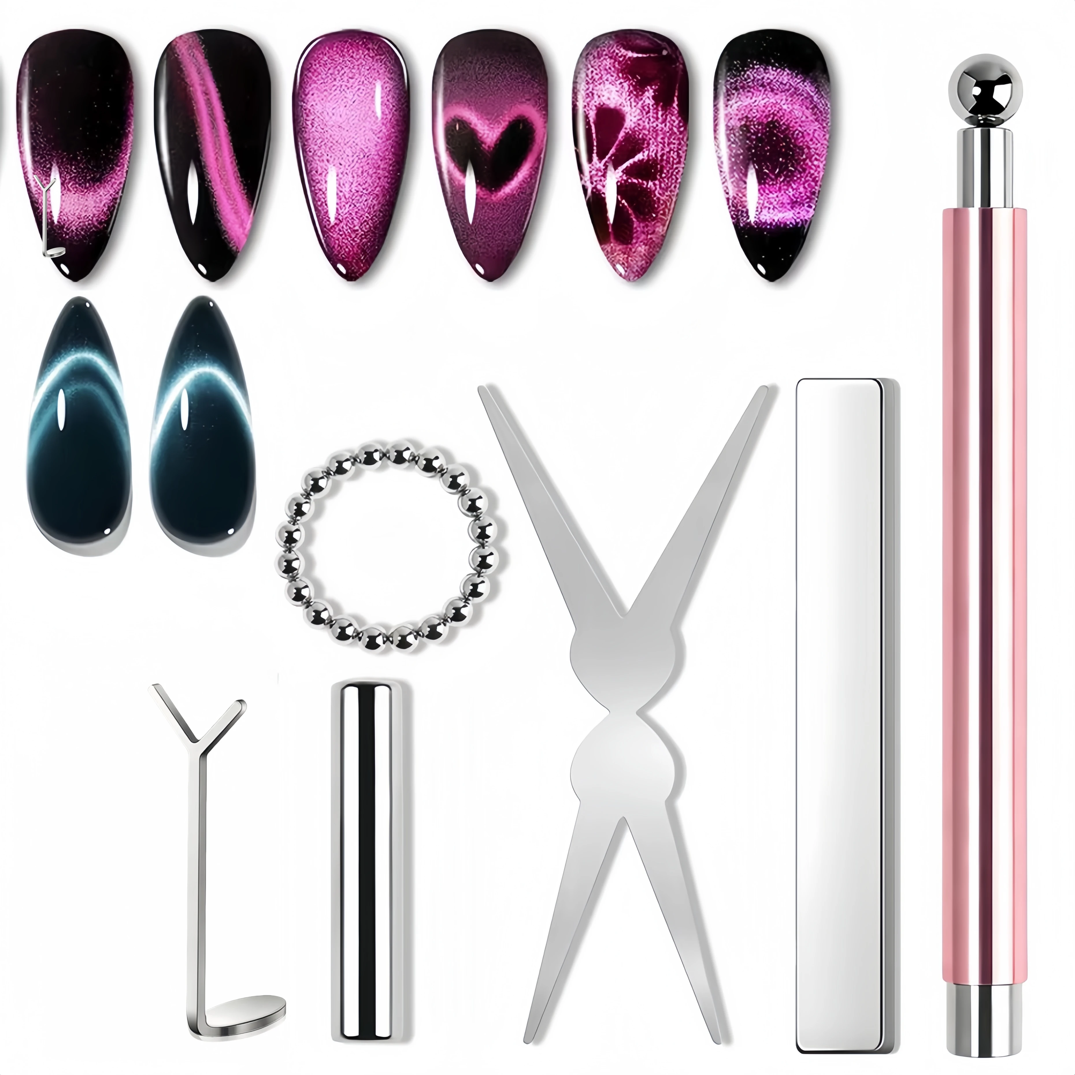 Juego de 6 Herramientas Magnéticas para Uñas Ojo de Gato, Imanes para Uñas Francesas con Forma de Corazón, Herramientas Magnéticas para Esmalte de Uñas Ojo de Gato, Herramientas de Manicura