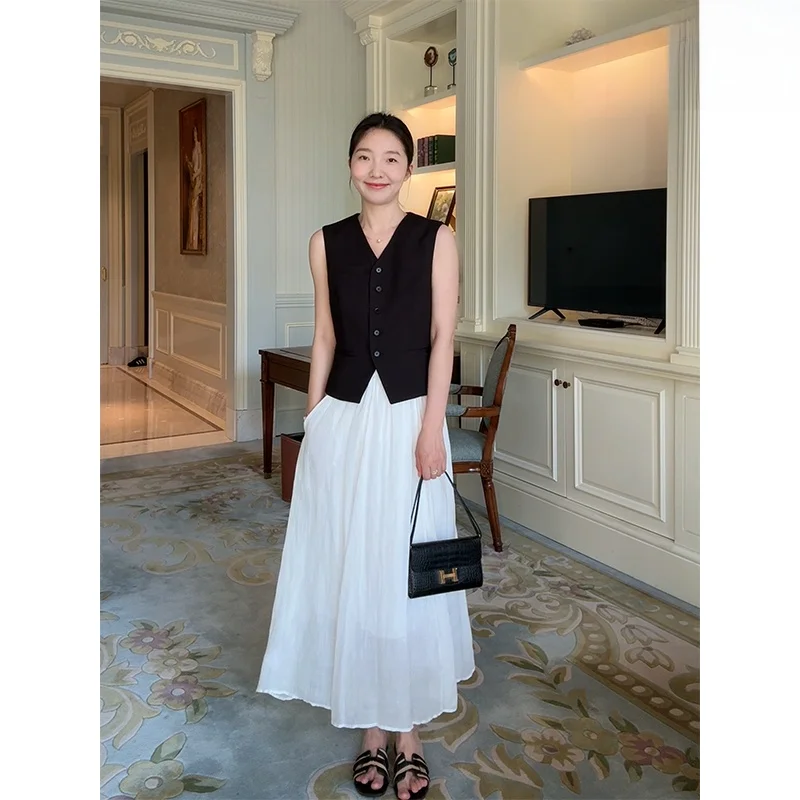 

Летний новый комплект: утягивающий топ из ацетатного лиоцелла и шерсти, универсальная простая юбка миди с широким подолом, модный комплект