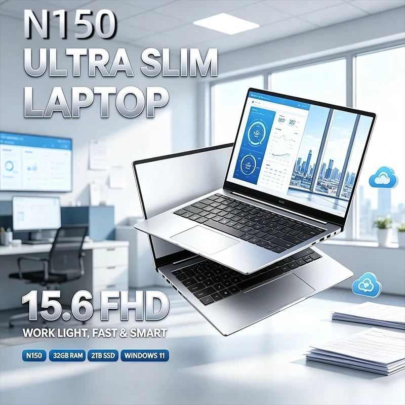 Laptop de 15,6 polegadas com ecrã IPS FHD de 120 Hz, processador Intel Core N150, 32 GB de RAM, SSD de 2 TB de alta velocidade, teclado retroiluminado e bateria de longa duração.