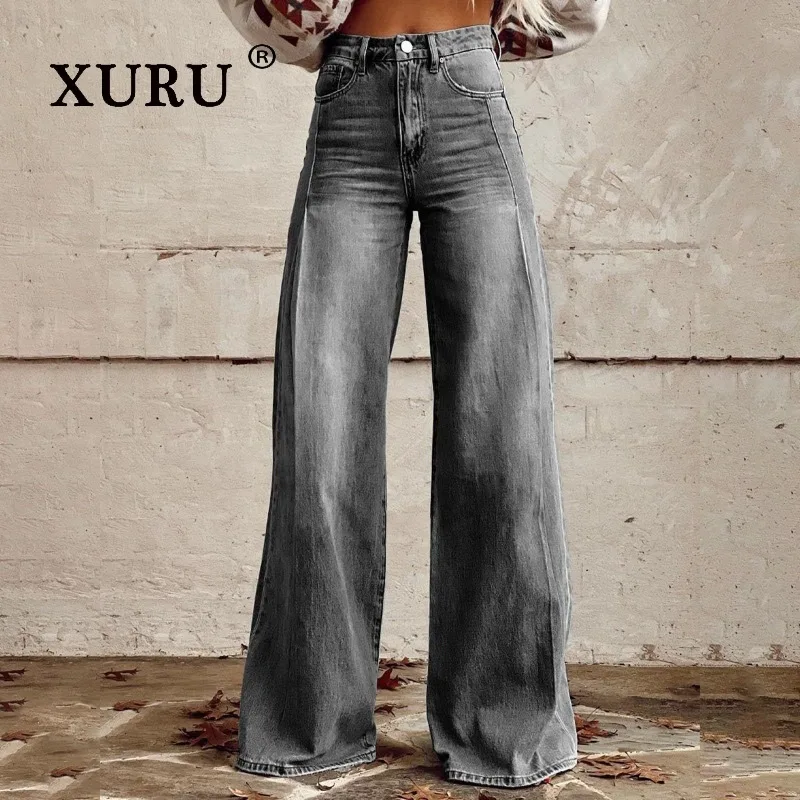 XURU - New Women's Retro Wide Leg Jeans, Y2k Clothes High Waist Design Sensible Long Jeans, Men's Pants