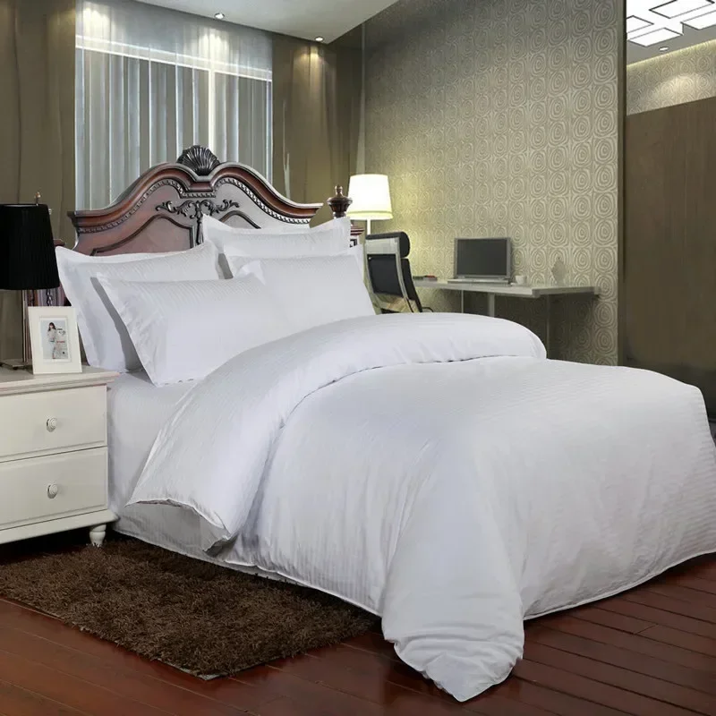 

100% Cotton bedding set satin strip Luxury White Hotel bed linen Twin Queen Full King Size Duvet cover&Fitted sheet&Pillowcase