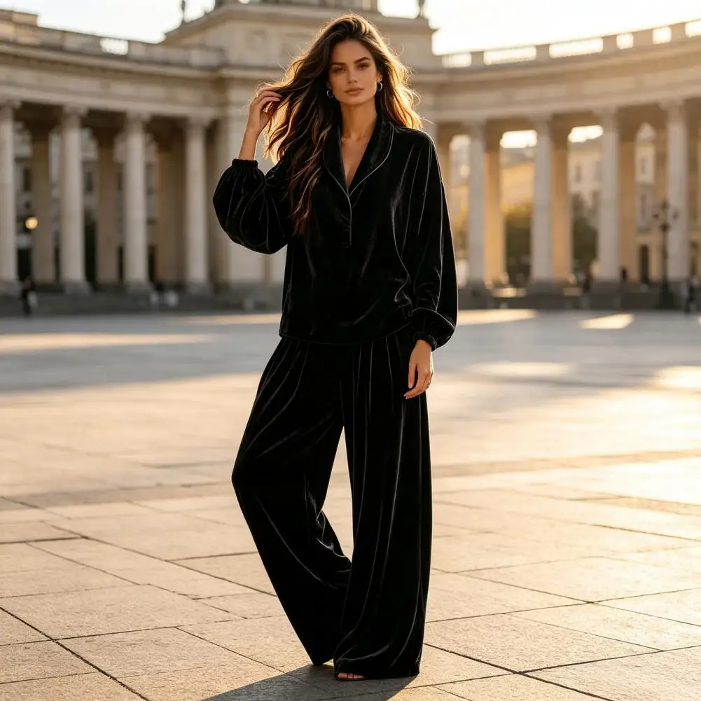 Women Velvet Top Pants Set for Fall Winter, Casual Cozy Two Piece Outfits with Pockets, Loose Two Piece Lounge Set