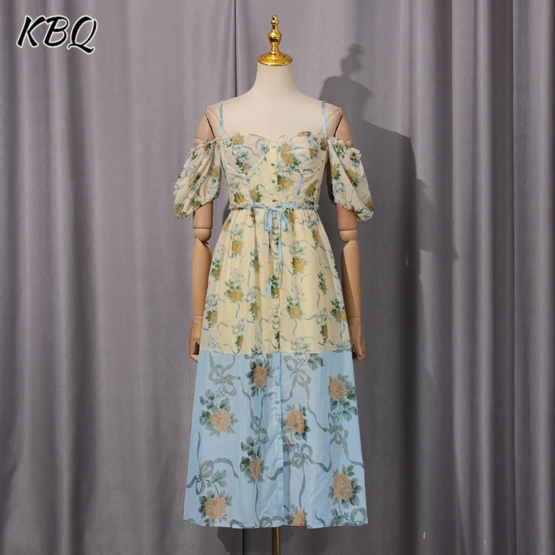 

KBQ Hit Color Flora Print Spliced Lace Up Dresses for Women Square Collar Short Sleeve High Waist Temperament Long Dress Female