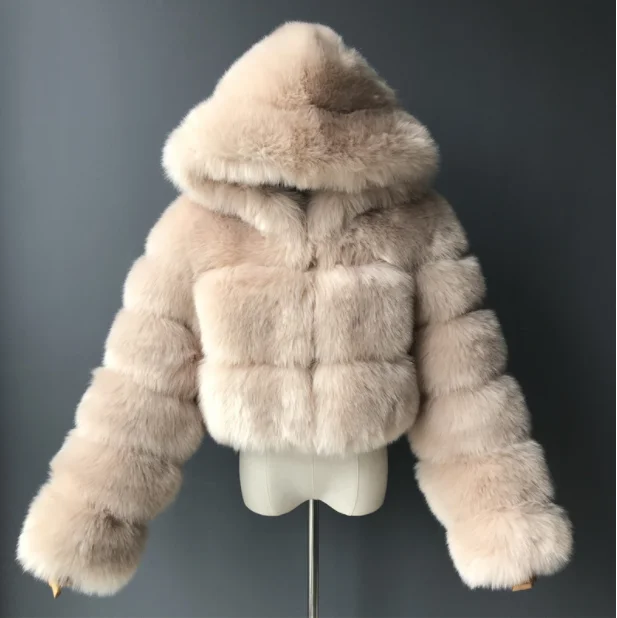 Manteau en fourrure de renard pour femme, veste courte à capuche, manches longues, naturel, optique, chaud, haute qualité, mode, nouveau, 2023