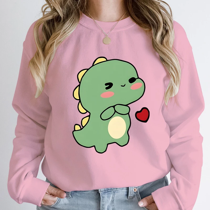 Herbst Winter beliebte Dinosaurier Herz druck Rundhals-Sweatshirts für Frauen Mode Kleidung Langarm Pullover