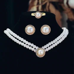 New Imitation Pearl Jewelry Set Simulated Pearl Double Layer Women Necklace Earrings Rings Sets for Wedding Bridal Accessories