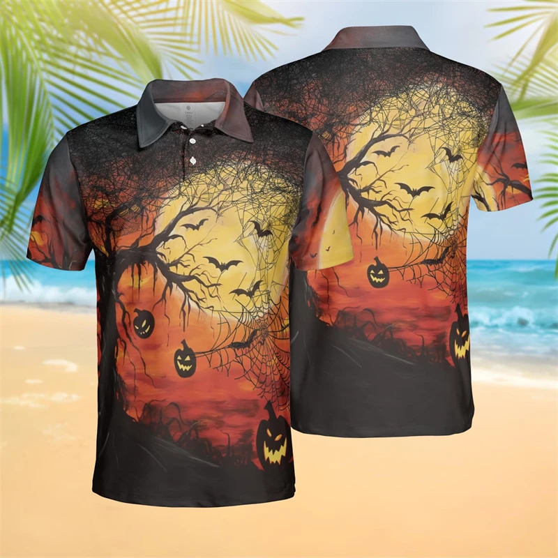 Halloween Pumpkin 3D Printed Polo Shirts For Men Clothes Casual Hawaiian Short Sleeve Funny Trick Or Treat POLO Shirt Eye Tops