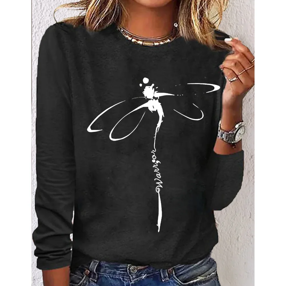 Autumn Women Long Sleeves Round Neck Oversized T Shirt For Women Black Fashion Ladies T-Shirt Dragonfly Print Top Casual Clothes