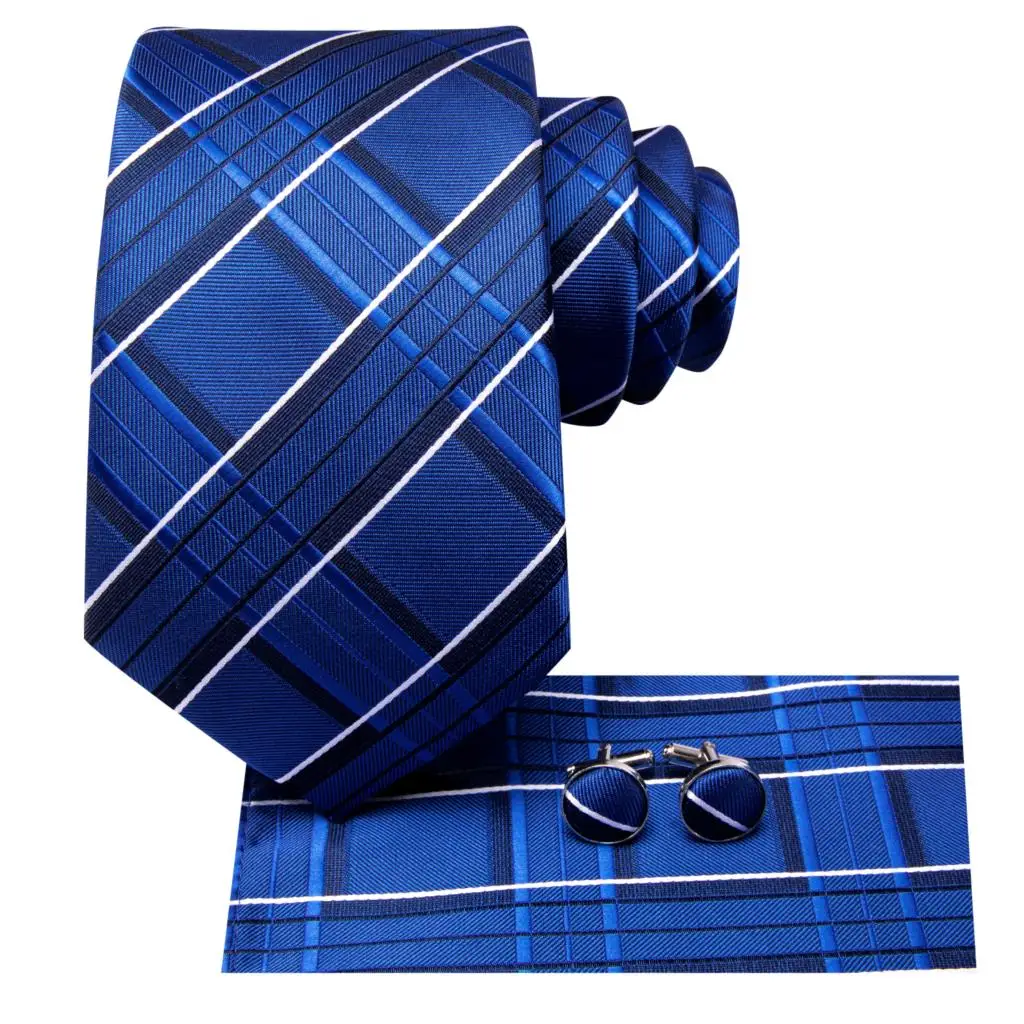 Hi-Tie-corbata de seda azul marino a rayas para hombres, corbata elegante para novio, boda, gemelos cuadrados de bolsillo, accesorio al por mayor, nuevo