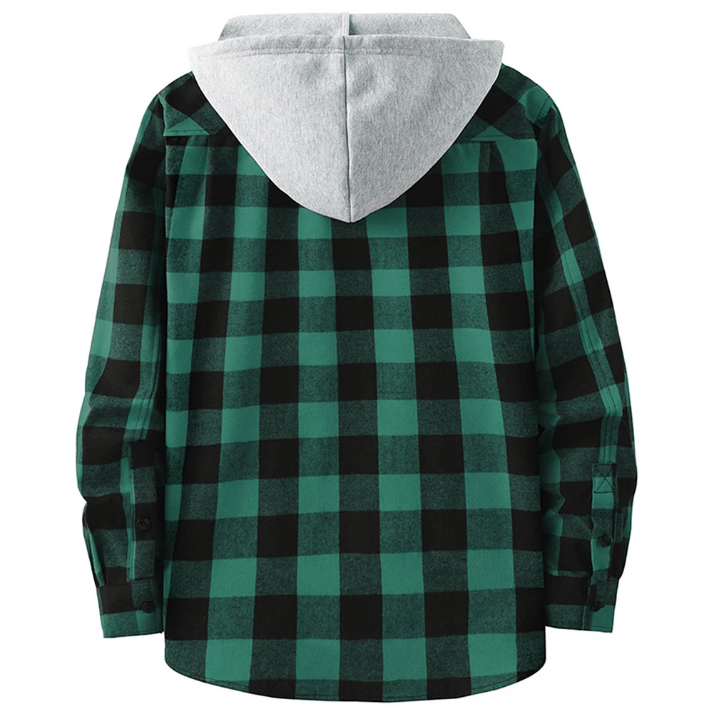 Men Casual Plaid Long Sleeve Hooded Shirts Button Work Coat Drawstring Casual Tops Cardigan Tops Fashion