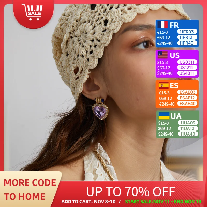 

Vintage Violet Love Crystal Heart Earrings Antique Gold Color Rhinestone High Quality Designer Luxury Brand Jewelry 2025 Trendy