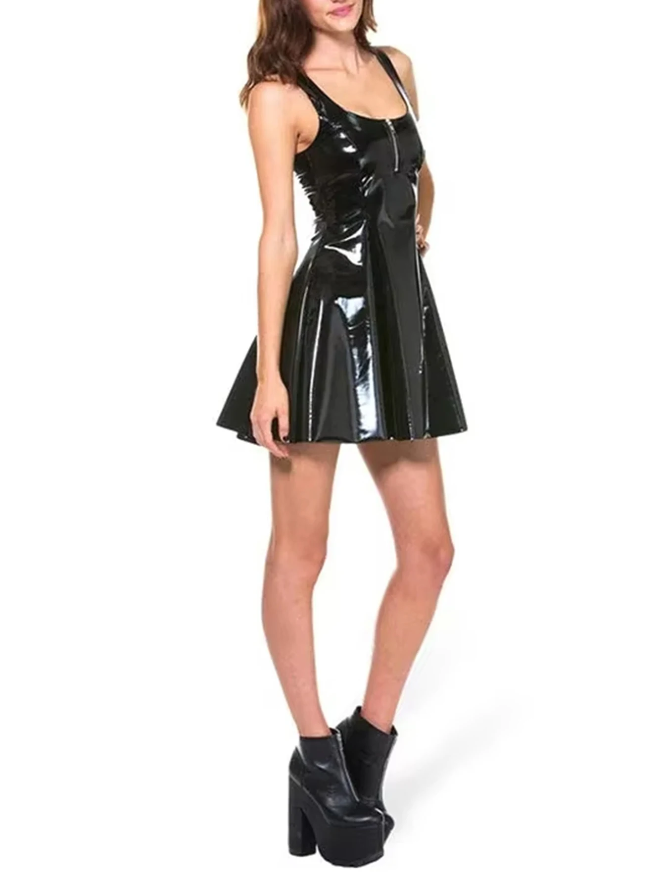 Damen Plus Size glänzendes PU-Leder plissiertes sexy A-Linien-Kleid, ärmelloses, mit Reißverschluss öffnendes, dehnbares Kunstleder-Minikleid in großen Größen – Detail 2
