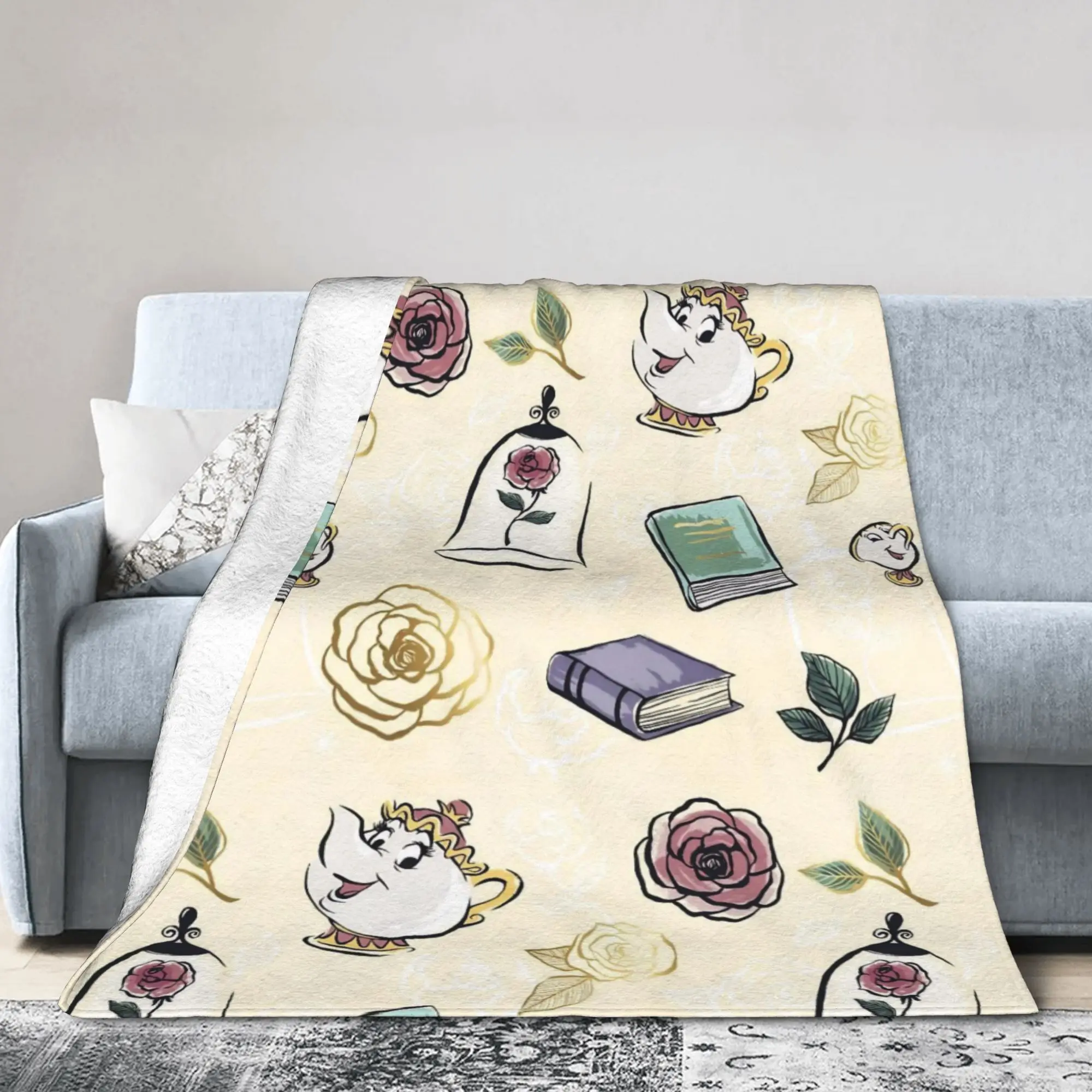 Mantas de franela La Bella y La Bestia, taza con Chip de señora Potts para dormitorio, manta tejida para exteriores, fina, multifunción