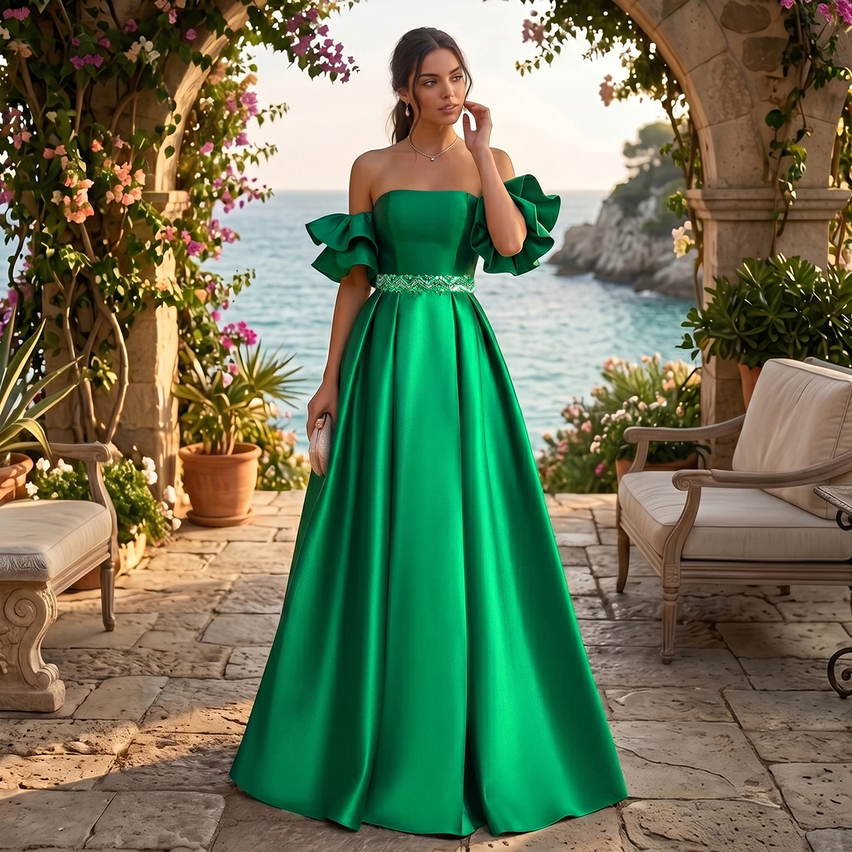 

VIPGIRL Women's Emerald Green Off-Shoulder Satin Prom Dress with Ruffle Sleeve Beaded Waist Lace-Up A-Line Evening Gown