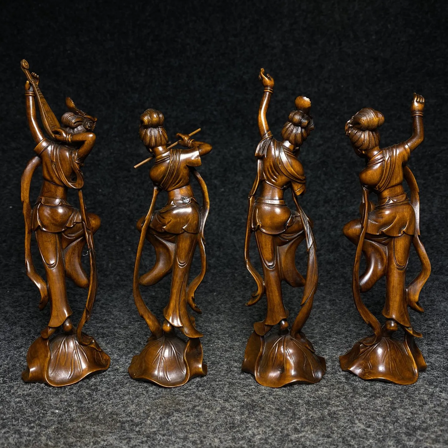 Old Classic Chinese Boxwood wood Carved Four Beautiful tone beauty Woman FeiTian Girl Belle Figure Statue Set Rare