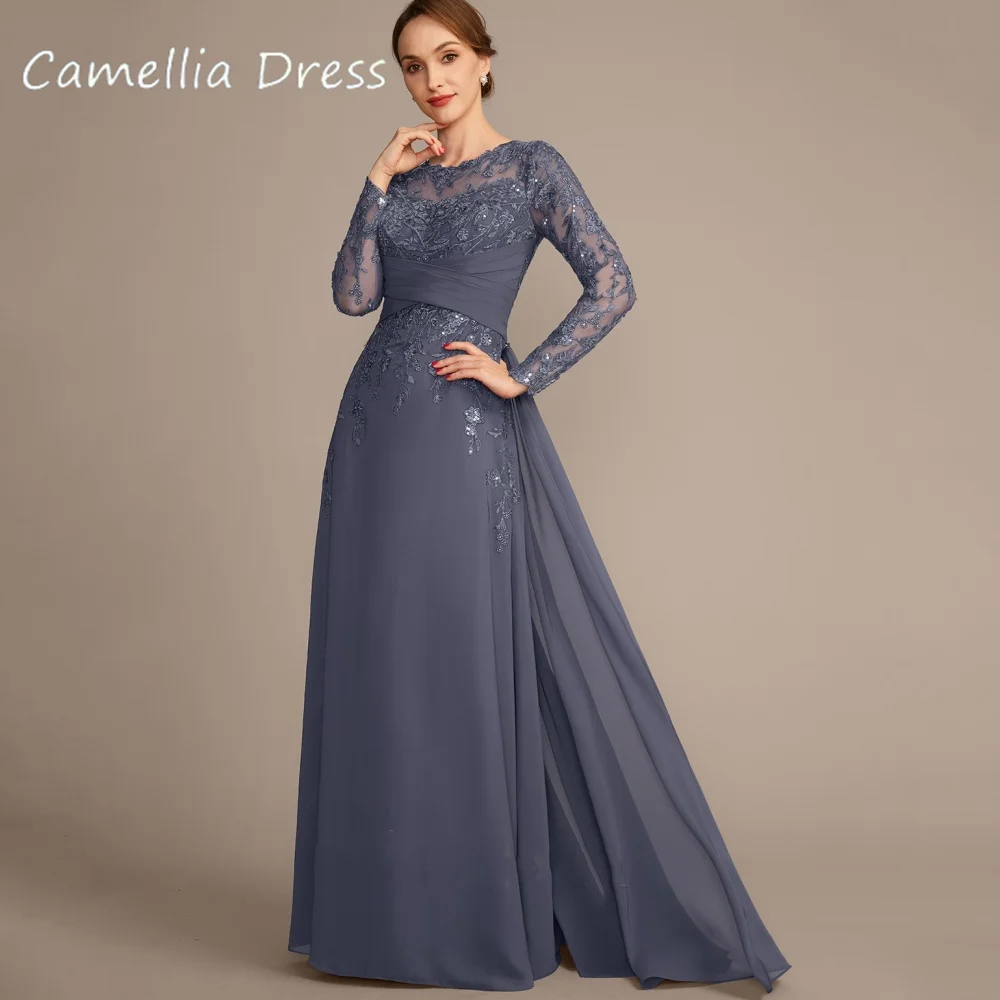 فستان أم رسمي مخصص أنيق مزين بخط كامل لحفلات الزفاف للعروس فساتين زفاف شيفون رمادي