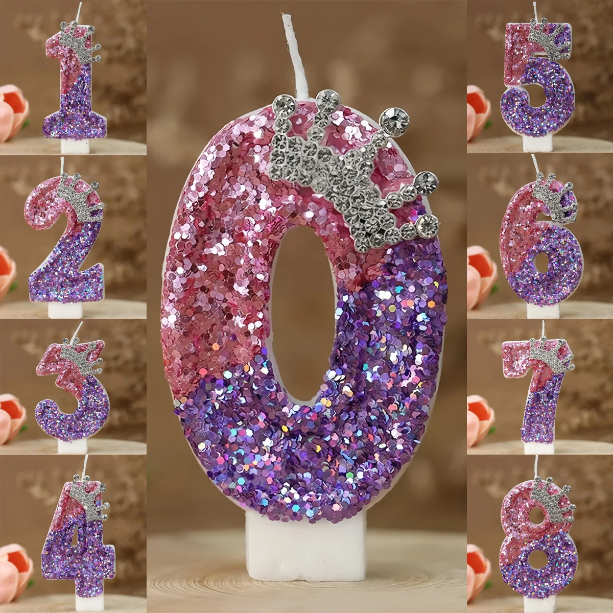 Princess Crown Color Change Digital 0-9 Birthday Candles Pink Purple Number Cake Topper for Anniversary Brithday Party Decor