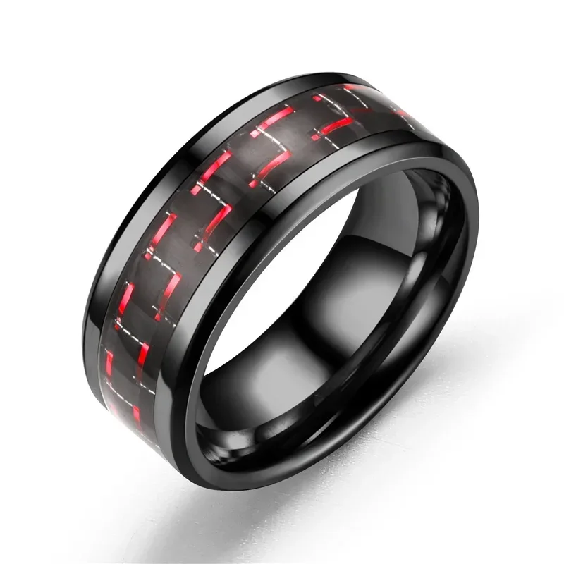 Anillo de acero inoxidable negro de 8mm para hombre, anillos de fibra de carbono azules con incrustaciones, 6 colores, regalo de joyería para boda, venta al por mayor