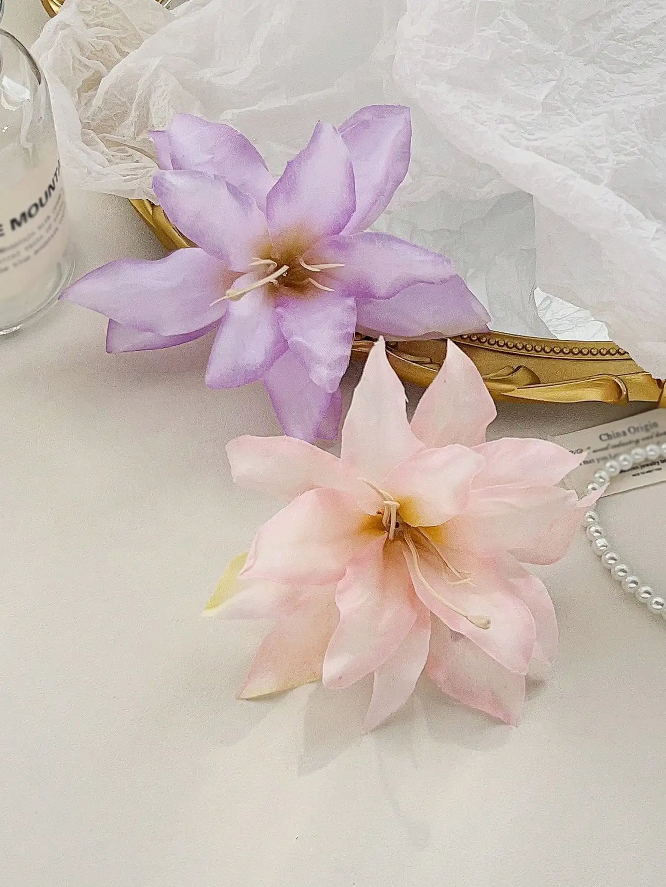 2-teiliges Set, elegante böhmische Blumen-Haarspangen, rosa und lila, große modische Haarspangen für Frauen, Strandurlaub, Haar-Accessoires – Detail 2