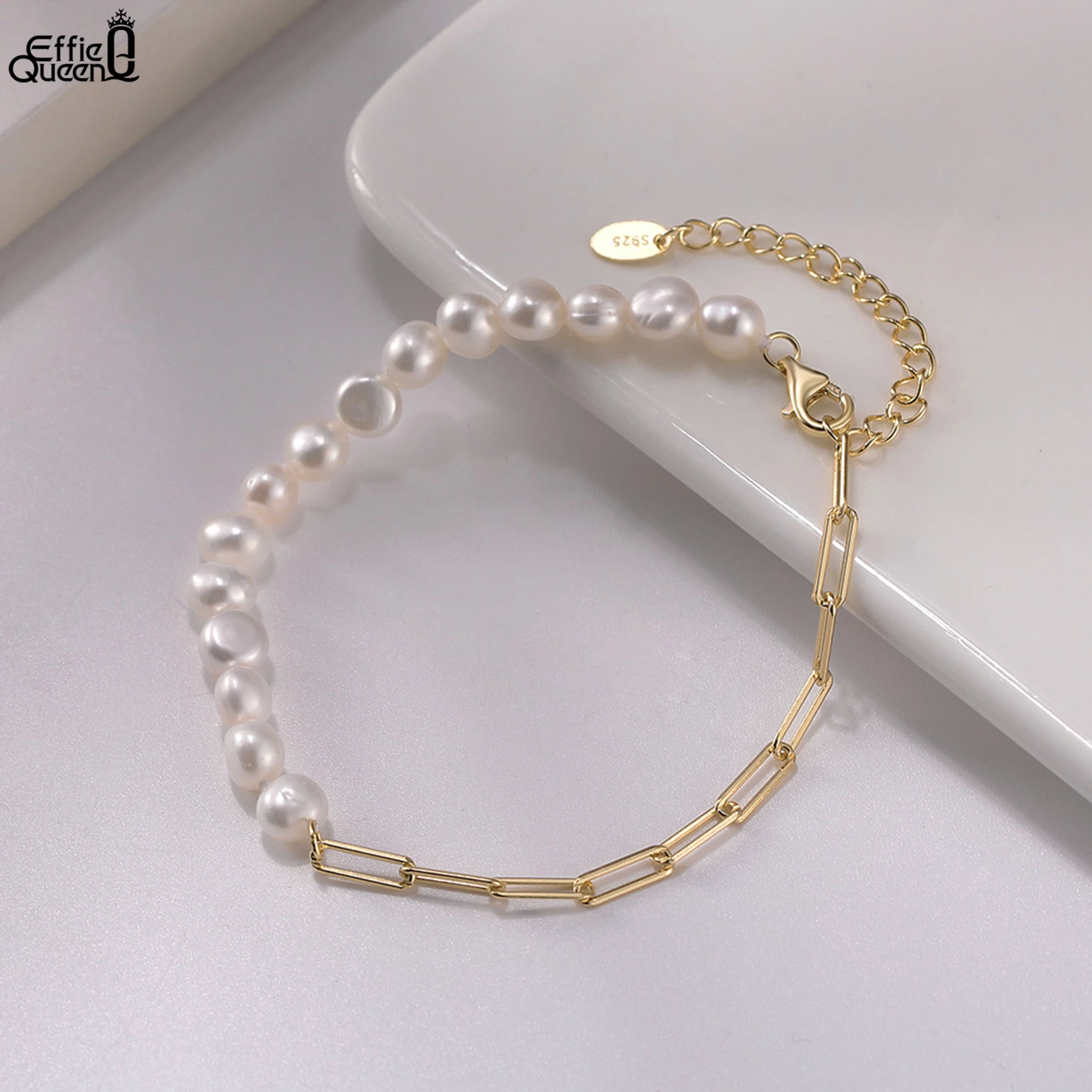 EFFIE QUEEN 925 الفضة النقية 14k الذهب الباروك اللؤلؤ سلسلة سوار مجوهرات طبيعية للنساء حفل زفاف هدية للذكرى السنوية GPB01 #2