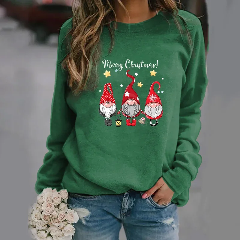 Women's Christmas Gnome Fashion Sweater Women's Casual Fun Merry Christmas Gnome Round Neck Long Sleeve Pullover Top