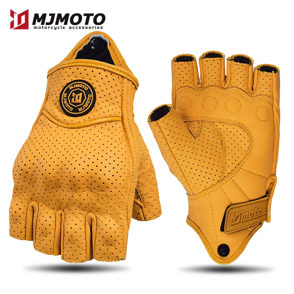 MJMOTO Retro Leather Motorcycle Half Finger Gloves Touchscreen Motocross Gloves Hard Shell Protection Motorbike Glove Breathable