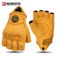 MJMOTO-guantes de cuero Retro para motocicleta, guantes de medio dedo con pantalla táctil para Motocross, protección de carcasa dura, transpirables