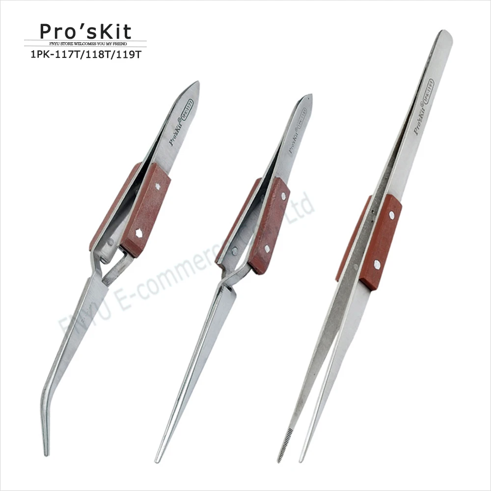 Pro\'sKit Wooden Handle Sharp Curved Stainless Steel Tweezer ProSkit Reverse Action Cross-Leg Soldering Tweezer Precision Repair