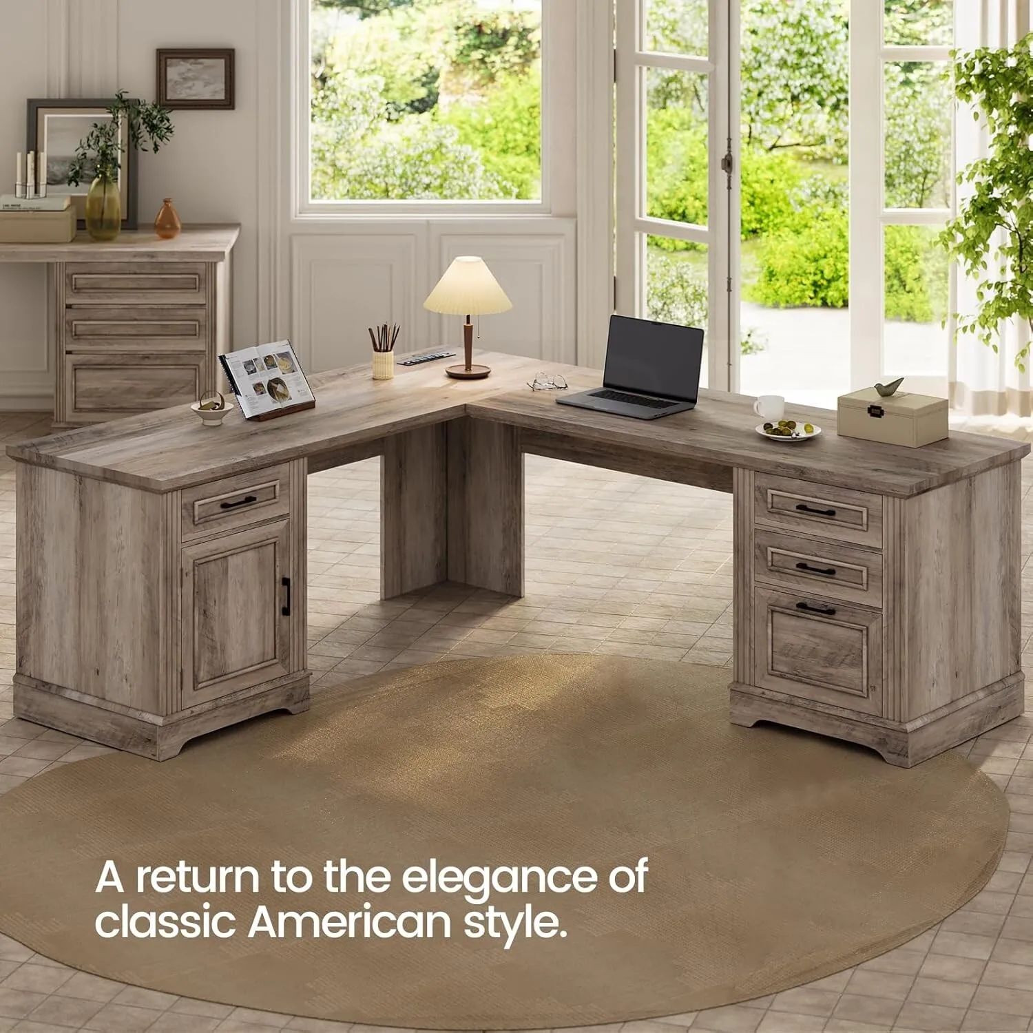 Farmhouse L Shaped Desk, Executive Computer Desk with Drawers & Storage Cabinet