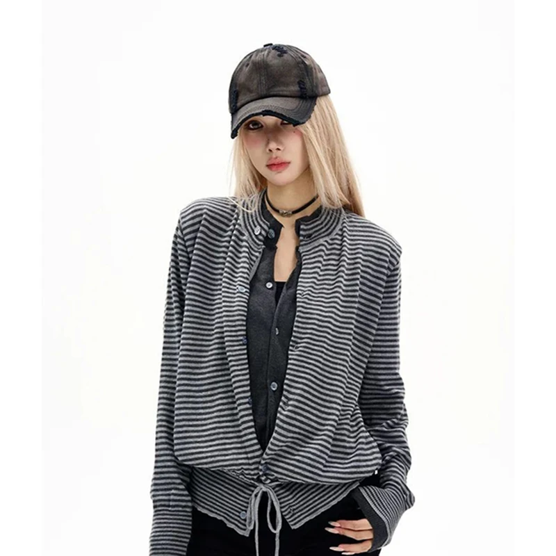 

Harajuku Striped Knitted Cardigan Women Vintage Patchwork Sweater Outerwears Korean Lace Up Knitwears Winter Loose Jumpers New