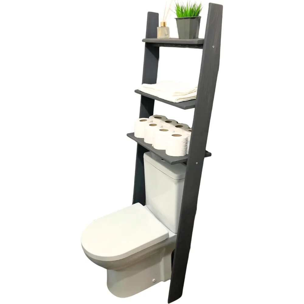 3-Tier Freestanding Above Toilet Storage Ladder Shelf, Standing Space Saver Behind Toilet Small Bathroom Organizer