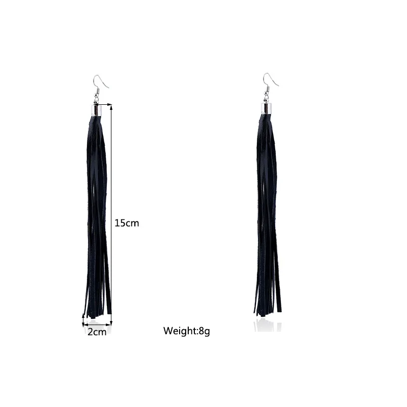 Vintage Black PU Leather Long Tassel Earrings for Women Female  Zinc Alloy Iron Hook Dangle Earrings Statement Party Jewelry