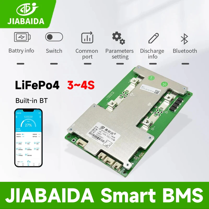 JIABAIDA 3S 12V 4S LiFePo4 BMS Smart BT UART Heating 60A 100A 120A 150A Charge Dischanrge Continuous Current JBD Smart BMS