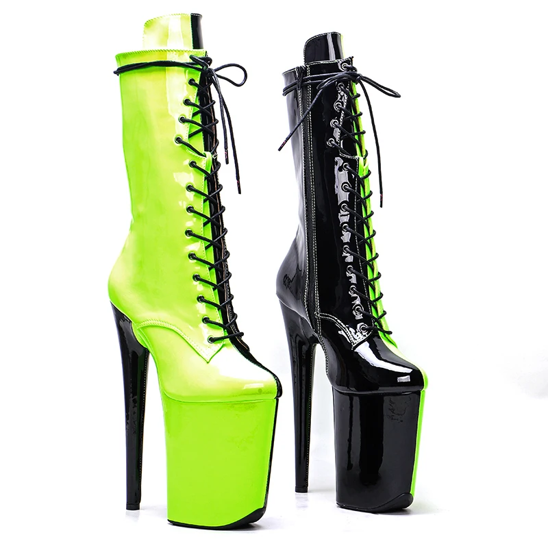 

Leecabe 23CM/9inches Patent upper black color with green color Pole dancing shoes High Heel platform Pole Dance booties 4B