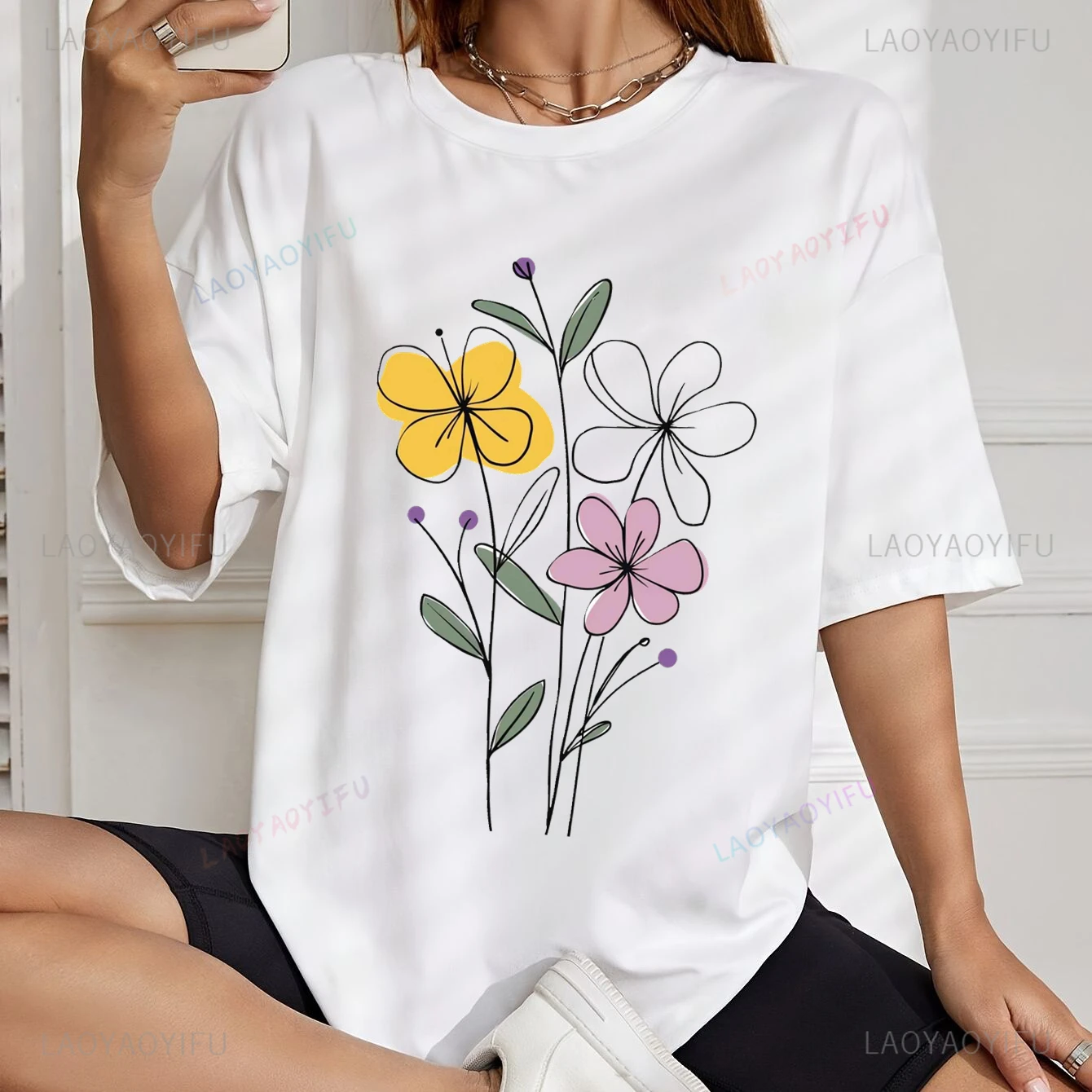 Simple and Fresh Pastoral Style Charming Sweet Shirt 90s Casual Short-sleeved Women's Fashion Beautiful Printed Women's T-shirt