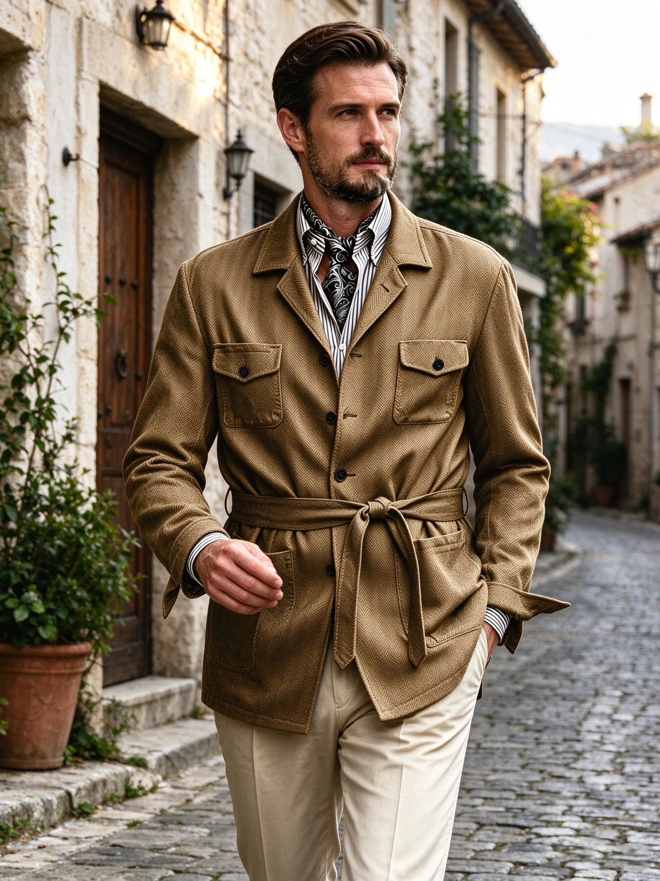 Men's Herringbone Tweed Safari Jacket with Belt Wool Blend Notched Lapel Sport Coat Multi Pocket Business Casual Field Jacket